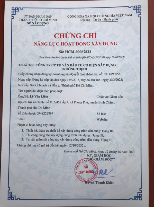 Công Ty TNHH TM DV Thiết Kế Tư Vấn Đầu Tư & Xây Dựng Trường Thịnh